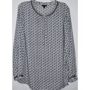 Talbots 1X Blouse Birdcage Print V-Neck Ruffle Tie Neck Blue Grosgrain Trim Top